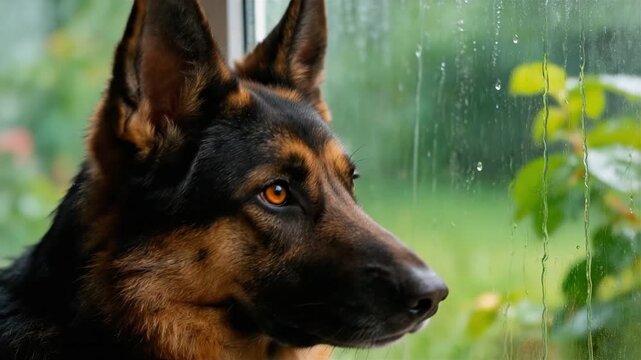 German shepherd dog watching through a rainy window with water drops and a blurred green outdoor background, suitable for pet care, weather, home, and animal content.