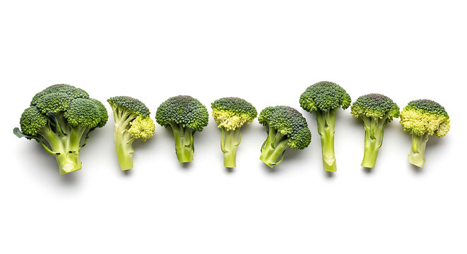 Eight fresh green broccoli florets arranged in a row on a white background vegetable