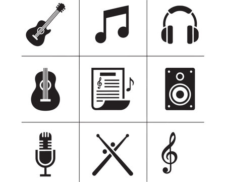 Music icons set with black silhouettes on white background featuring guitar, headphones, notes with speaker and microphone elements for drumsticks,