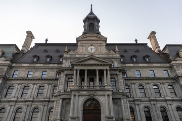 Fototapeta premium Clock tower and grand entrance of Montreal City Hall