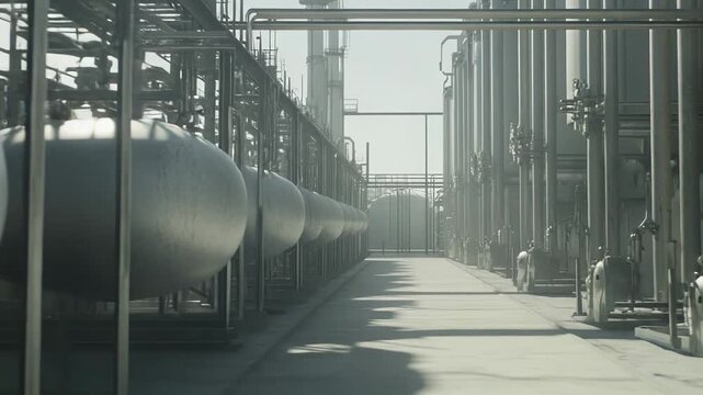 Large industrial facility showcasing rows of cylindrical and spherical storage tanks connected by extensive piping, representing a complex manufacturing and processing environment