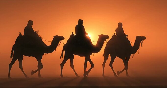 Three Wise Men Silhouette Camel Caravan Desert Journey at Dusk. Illustration of the silhouette of the Three Wise Men and a camel caravan moving across the desert.