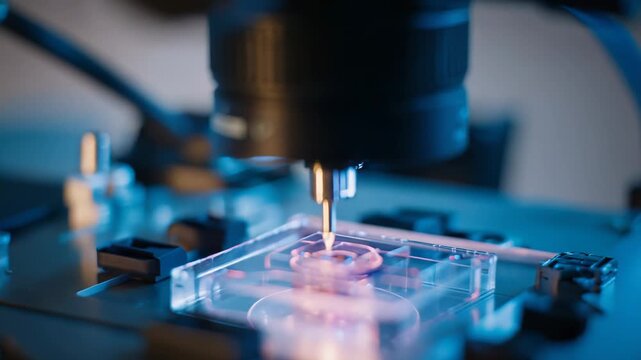 Advanced automated microscope system performing precise medical research and biotechnology experiments on a microfluidic chip, exploring innovations in lab analysis and development