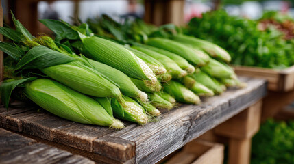 Fototapeta premium Fresh corn cobs on wooden crates displayed at a farmers market, representing sustainable agriculture, healthy eating, summer harvests, and local farm produce