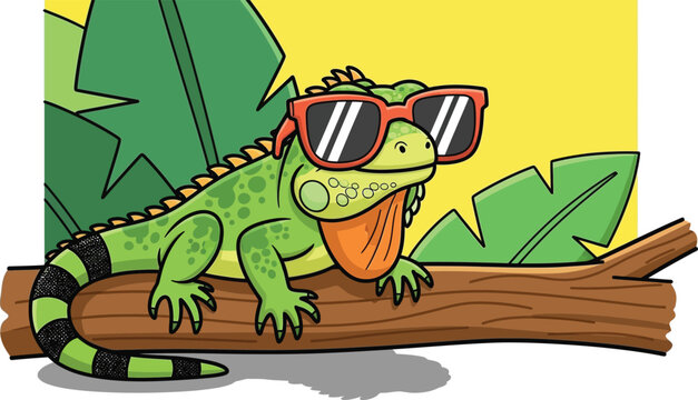 Cartoon green lizard wearing sunglasses on a brown tree branch with green leaves and a yellow background  fun tropical scene