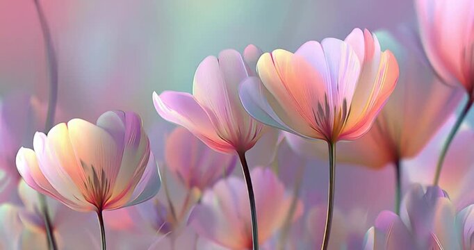 Spring floral background with tulips flowers with soft, blurred outlines and gradients in pastel shades. The style is dreamy, soft, and artistic
