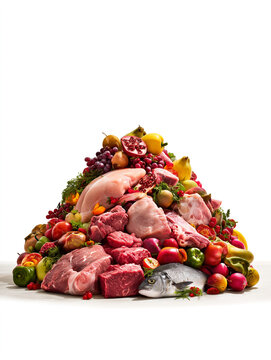 Abundance of raw food in a pyramid shape with fresh meat, fish, fruits, and vegetables. Concept of keto diet, paleo nutrition, and healthy proteins on a white background