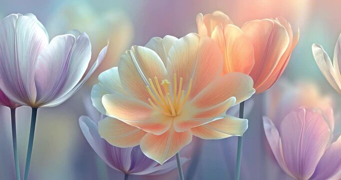 Spring floral background with tulips flowers with soft, blurred outlines and gradients in pastel shades. The style is dreamy, soft, and artistic