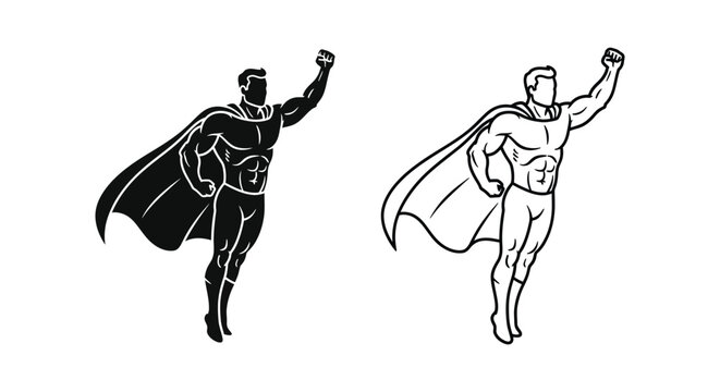 Superhero duo dynamic pose black white Vector