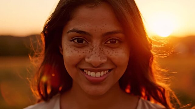 Smiling young woman with freckles at sunset.
