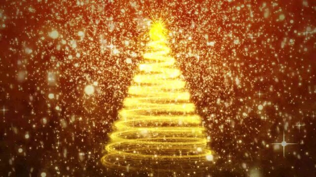 Magical golden sparkle particles forming a glowing Christmas tree shape, with a 4k high definition festive background, for winter holiday greetings and seasonal motion graphics celebration.