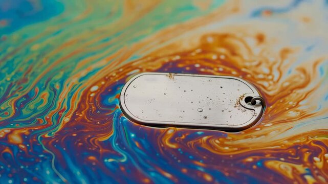 Military dog tag resting on an oil iridescent liquid surface. Symbolic representation of soldier sacrifice in global conflict and the fragility of peace during geopolitical tension.