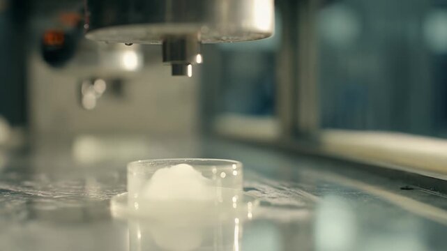 Advanced bioprinting machine precisely creating a living tissue construct, focusing on the future of regenerative medicine and biological structures in a specialized research laboratory