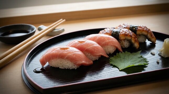 Traditional Edomae Nigiri Sushi Set on Wooden Board