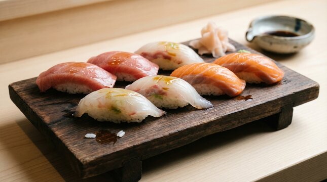 Traditional Edomae Nigiri Sushi Set on Wooden Board