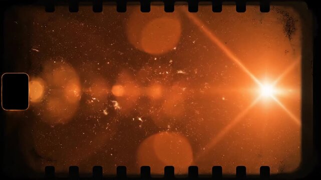 Orange blur light leaks drift through a retro film distressed flare overlay on a dark analog background, shine and bokeh burning through grain.