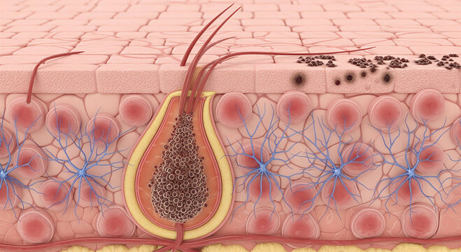 Skin cells illustration depicting hyperpigmentation with detailed epidermis background