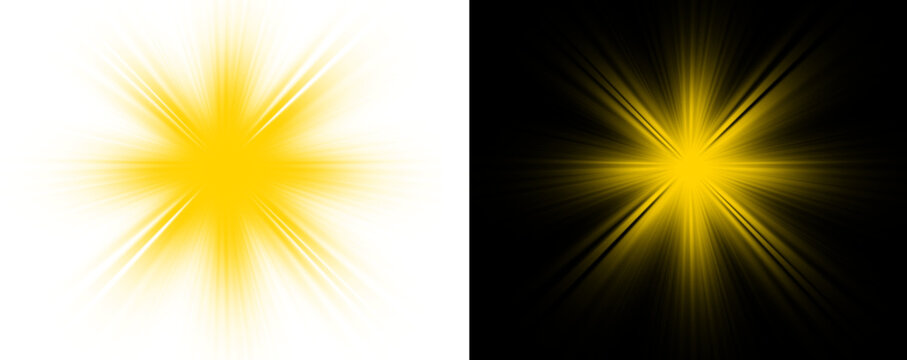 Yellow starburst effects on white and black backgrounds on transparent background