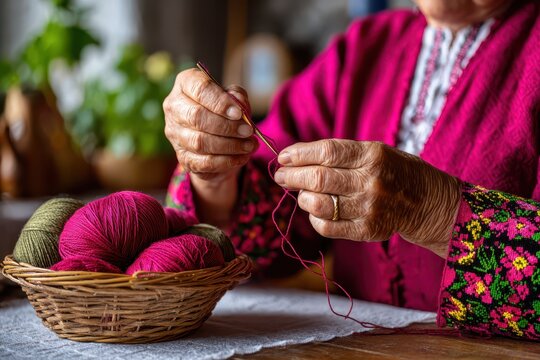 Close-up of senior woman's hands crocheting with vibrant pink yarn, basket full of yarn, wearing patterned shirt and ring, wooden table and soft natural light.