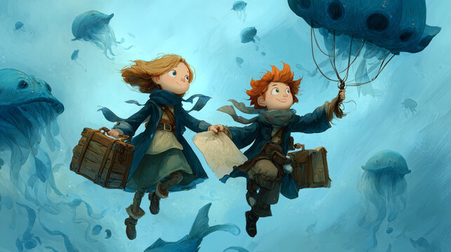 Dibujo infantil de dos ni&ntilde;os volando