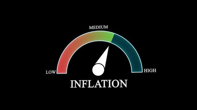 Animation of Inflation Gauge Icon with Moving Pointer from Low to Medium on Black Background, Concept of Consumer Price Index and Economic Crisis.