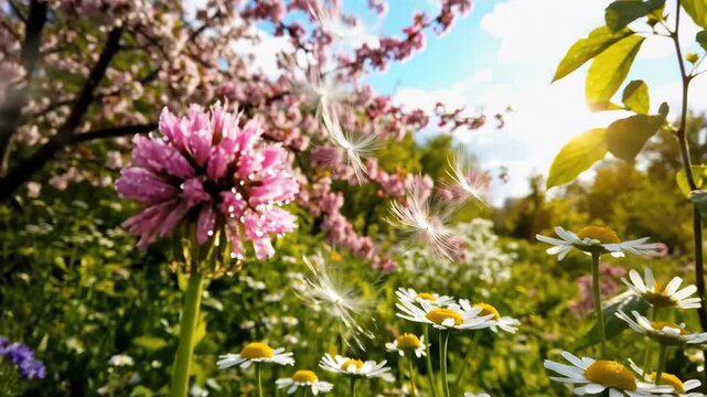A lush spring background comes alive with wild nature as flowering tree branches, chamomile blooms, and colourful seasonal vegetation fill the frame with garden freshness.