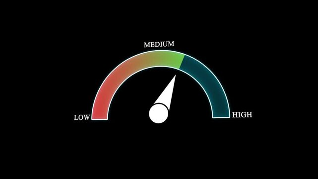 Animation of Inflation Gauge Icon with Moving Pointer from Low to Medium on Black Background, Concept of Consumer Price Index and Economic Crisis.