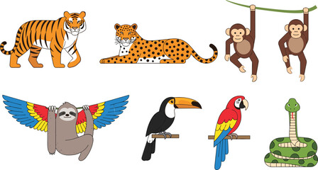 Naklejka premium Wild and Tropical Animal Icon Set Featuring Tiger, Cheetah, Monkeys, Sloth, Toucan, Parrot, and Cobra Illustrations for Digital Media, Websites, and Educational Apps