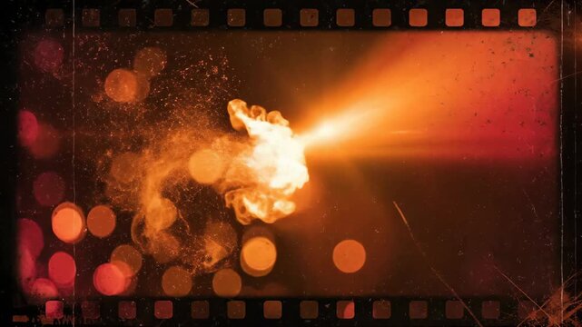 Orange cinematic flare light leaks drift through a retro film overlay on a transparent dark background, analog burn and grain glowing in motion.