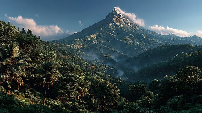 Volcano mountain with drifting smoke cloud framed by rolling green fields illustrator​