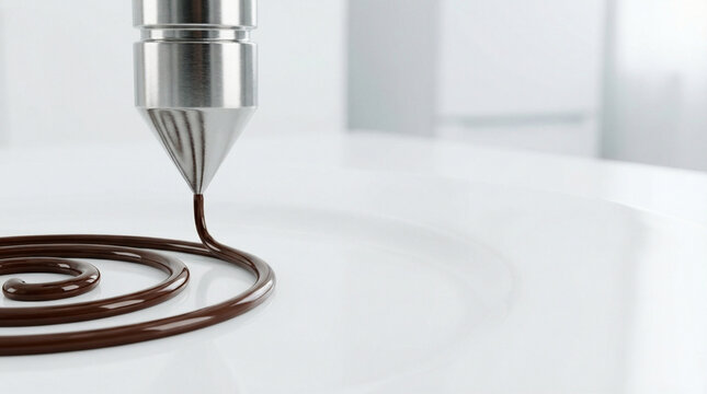 3D food printer nozzle extruding a chocolate spiral on a white plate. Concept of dessert geometry, culinary technology, food innovation, and automated confectionery production.
