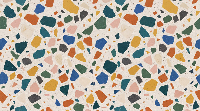 Colorful terrazzo pattern with irregular geometric shapes in pastel and vibrant tones perfect for backgrounds and surfaces