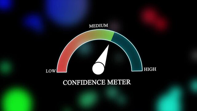 Abstract Business Confidence Meter Animation with Moving Pointer Swinging to High Success Level on Bokeh Background, Mental Health and Leadership Concept.