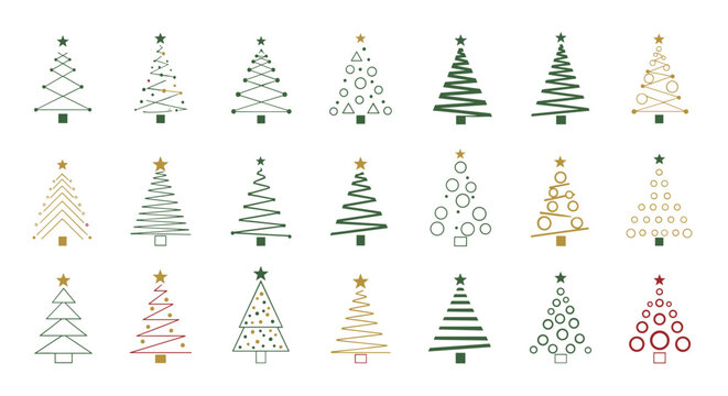 Eighteen minimalist Christmas tree designs with geometric patterns are arranged in three rows on a white background.