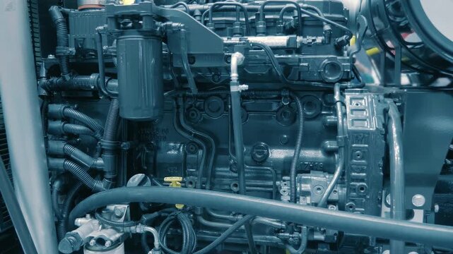 A new powerful industrial diesel generator was presented at the exhibition. Closeup. Shot in motion