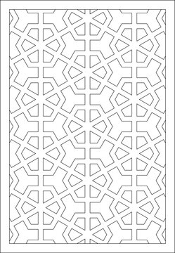 Technical architectural drawing showing a vertical panel with an intricate Islamic geometric pattern of interlacing strapwork forming six-pointed stars and triangles.