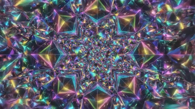 Abstract multicolored geometric mosaic fills the frame in a vibrant three-dimensional kaleidoscope illustration.