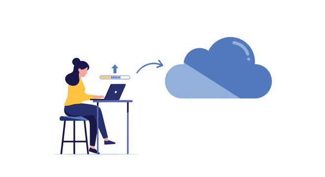 A woman seated at a desk uses a laptop to upload data, indicated by a progress bar and arrow, to a large blue cloud icon.