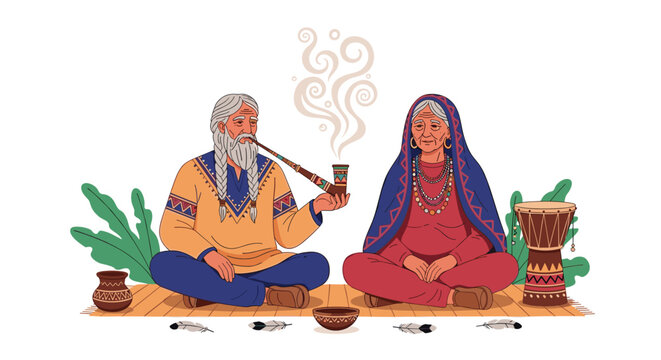 An elderly tribal couple sits cross-legged on a patterned mat, with the man smoking a traditional long pipe.