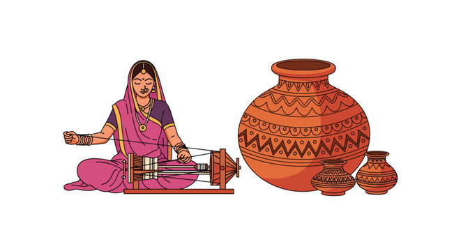 A woman in a vibrant pink saree sits on the floor, operating a wooden spinning wheel next to decorative terracotta pots.