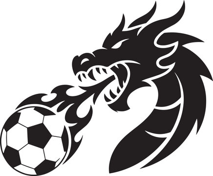 Fiery dragon head bites soccer ball with flames vector illustration graphic