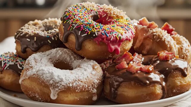 Colorful homemade donuts on a plate are captured in a vivid close-up that celebrates the indulgent appeal of fresh-baked sweet treats.