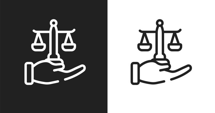 Justice scales in hand icon. Linear black, white icon from law and justice collection. Outline justice scales in hand vector. Thin line symbol isolated on white and black background
