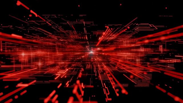 This depicts a futuristic digital landscape with vibrant red lines and lights emanating from a central point, set against a dark background, symbolizing technical difficulties and error screens in a