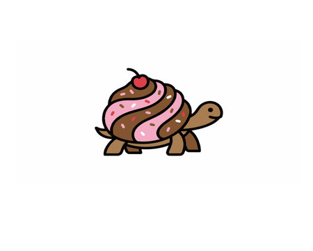 Humorous cartoon illustration of a turtle whose shell is a pink frosted cupcake with a cherry on top. Surreal food animal mashup.