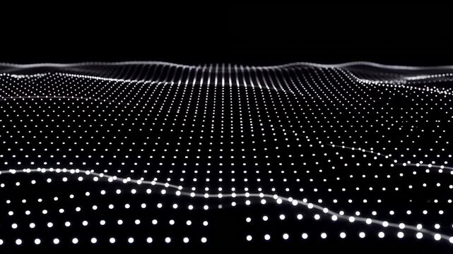 This captivating features a stunning visualization of white dots arranged in wavy patterns against a black background, creating a sense of movement and energy. The abstract design showcases a blend of