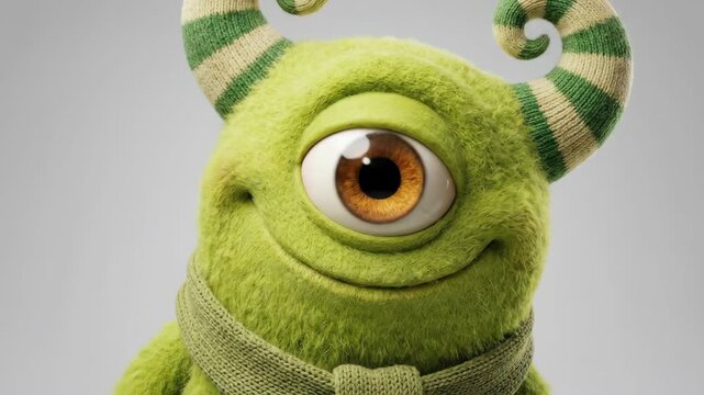 Cute green fuzzy monster with one eye and striped horns waving hello