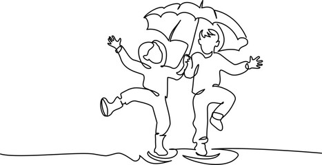 Fototapeta premium Cheerful boy and girl walk and jump under umbrella. Walk outdoors together.