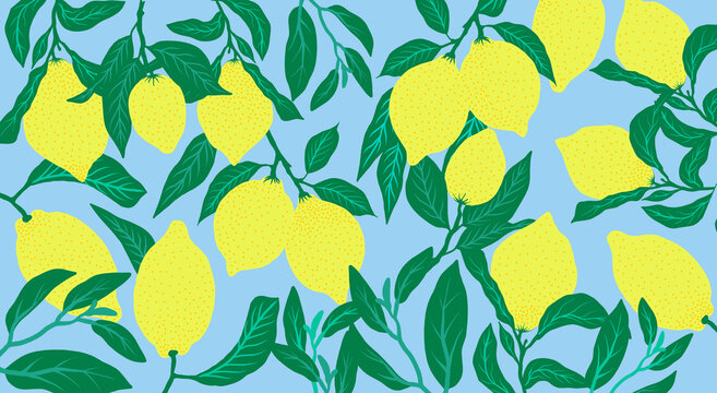 Yellow Lemons with Leaves on Light Blue Background Wallpaper