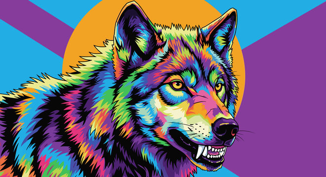 Colorful dire wolf illustration with vibrant rainbow fur and geometric background  